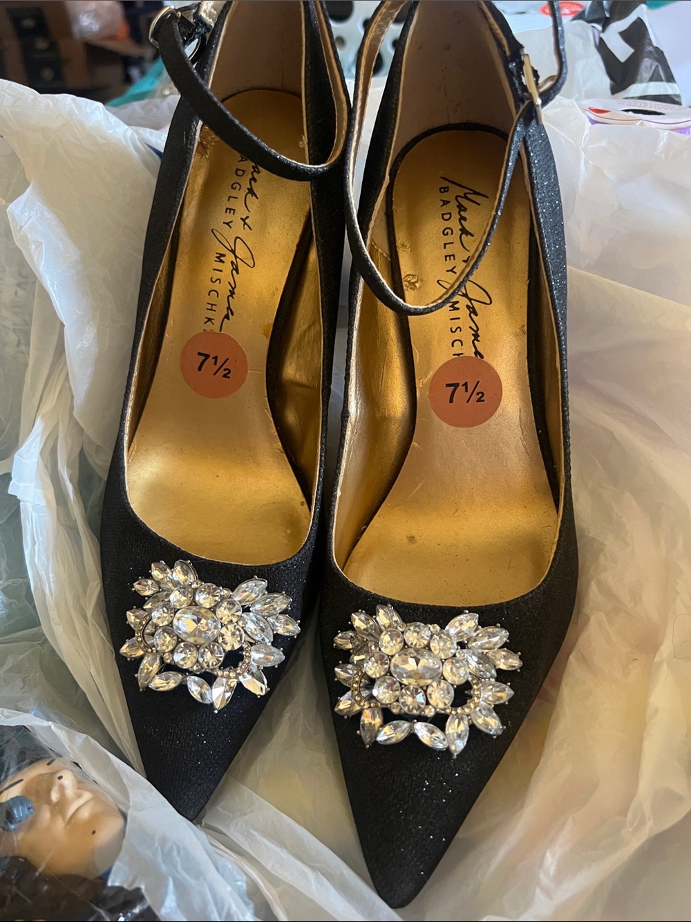 Badgley Mischka Black Pointed-Toe Heels with Crystal Brooch